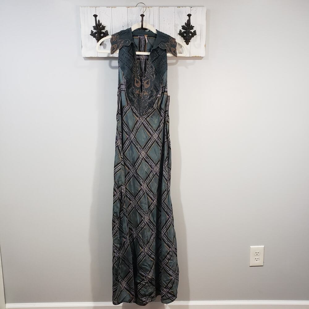 Free People Lana Printed Midi Dress Womens 6 Green Embroidered Boho Maxi Dress